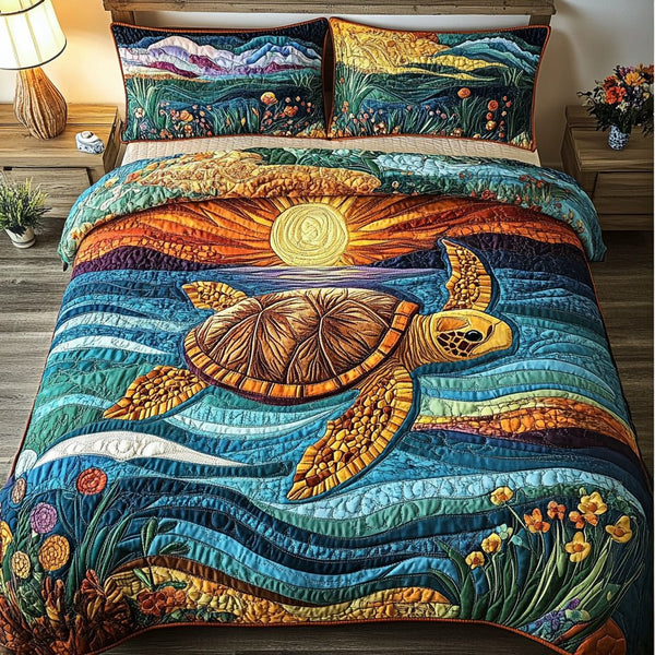 Turtle Trails quilted 3-piece bedding set on a made bed in a light coastal bedroom