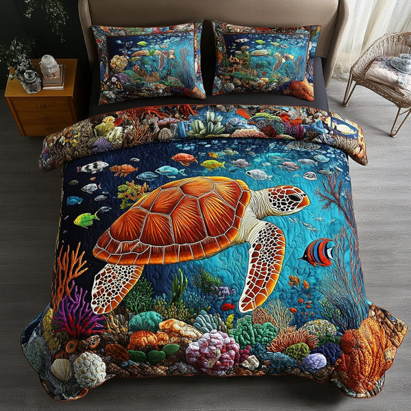 Turtle Tranquil quilted 3-piece bedding set on a made bed in a light coastal bedroom