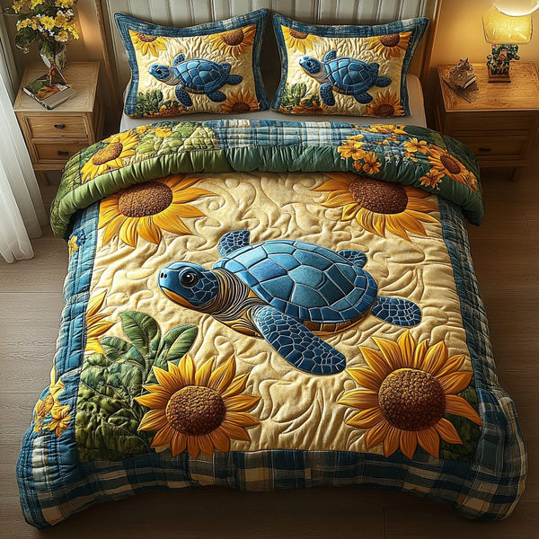 Turtle Tranquility quilted 3-piece bedding set on a made bed in a light coastal bedroom