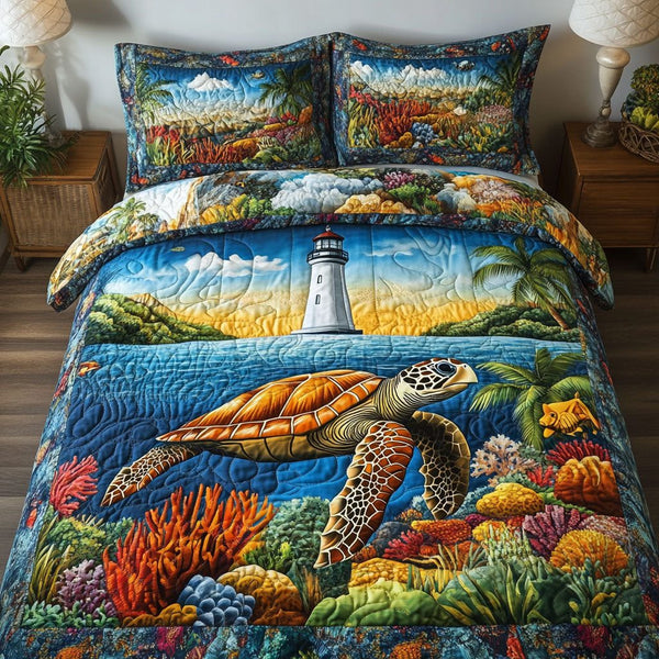 Turtle Tranquility quilted 3-piece bedding set on a made bed in a light coastal bedroom