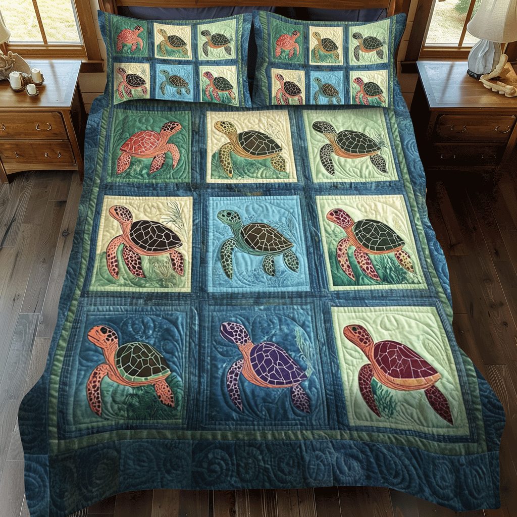 Turtle Tranquility quilted 3-piece bedding set on a made bed in a light coastal bedroom