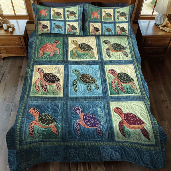 Turtle Tranquility quilted 3-piece bedding set on a made bed in a light coastal bedroom