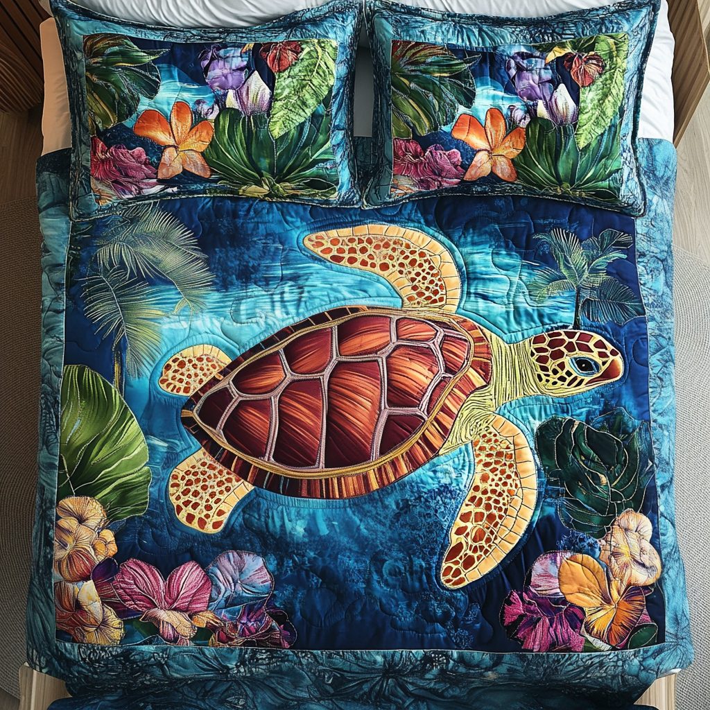 Turtle Tranquility quilted 3-piece bedding set on a made bed in a light coastal bedroom