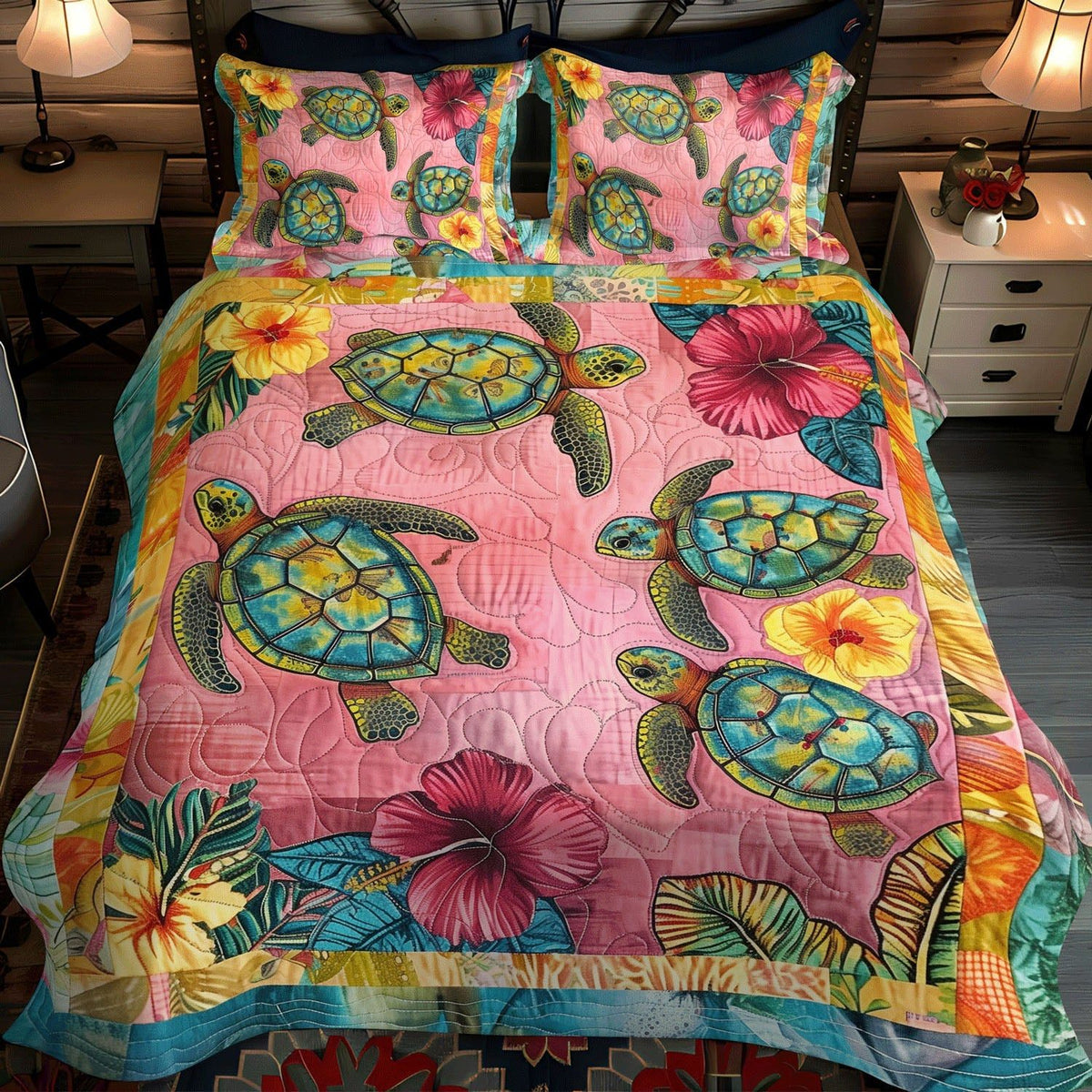 Turtle Tranquility quilted 3-piece bedding set on a made bed in a light coastal bedroom