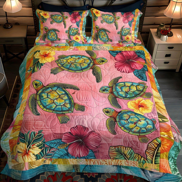 Turtle Tranquility quilted 3-piece bedding set on a made bed in a light coastal bedroom