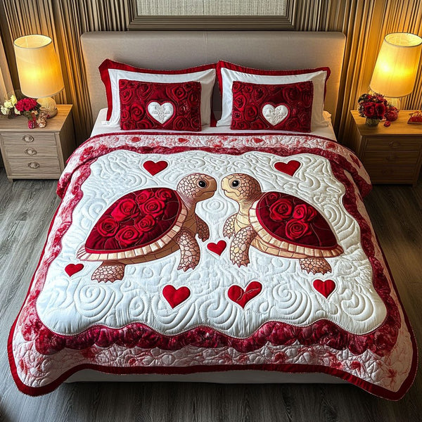 Turtle Treasured Together quilted 3-piece bedding set on a made bed in a light coastal bedroom