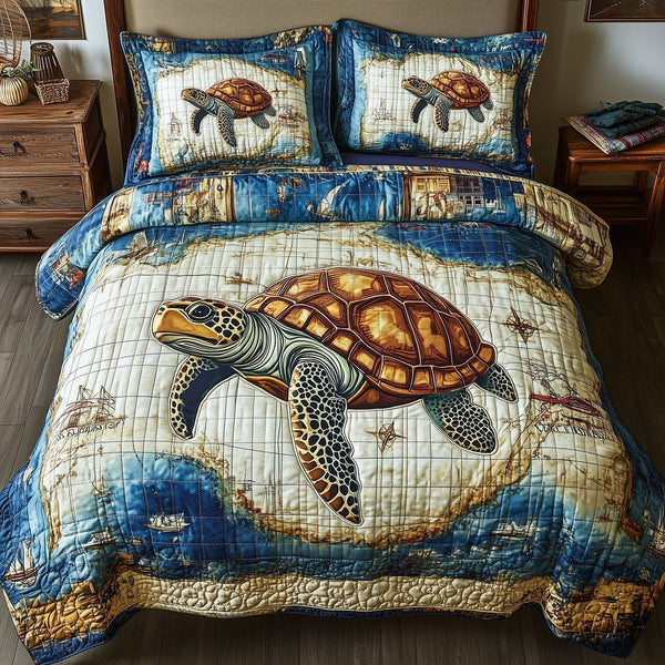 Turtle Trek quilted 3-piece bedding set on a made bed in a light coastal bedroom