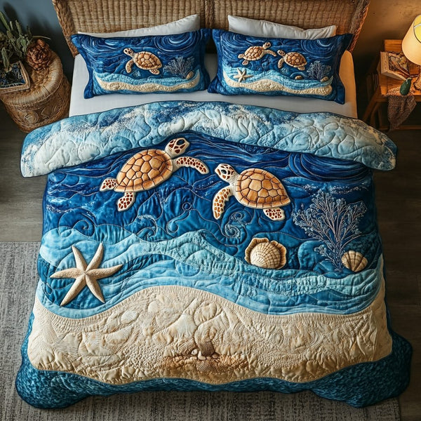 Turtle Trek quilted 3-piece bedding set on a made bed in a light coastal bedroom