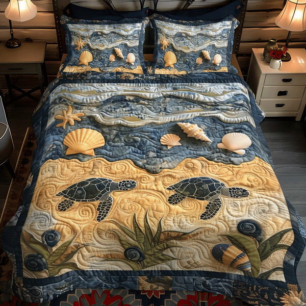 Turtle Trek quilted 3-piece bedding set on a made bed in a light coastal bedroom