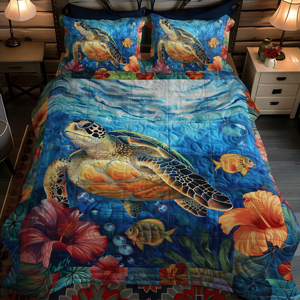 Turtle Voyage quilted 3-piece bedding set on a made bed in a light coastal bedroom