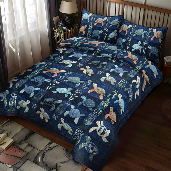 Turtle Waves Peace quilted 3-piece bedding set on a made bed in a light coastal bedroom