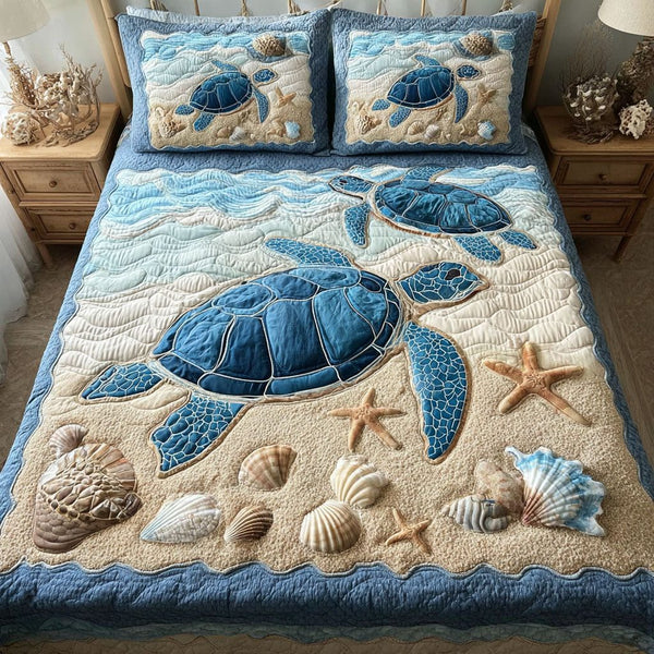 Turtle Waves quilted 3-piece bedding set on a made bed in a light coastal bedroom