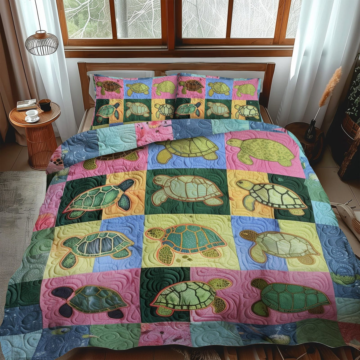 Turtle Waves quilted 3-piece bedding set on a made bed in a light coastal bedroom