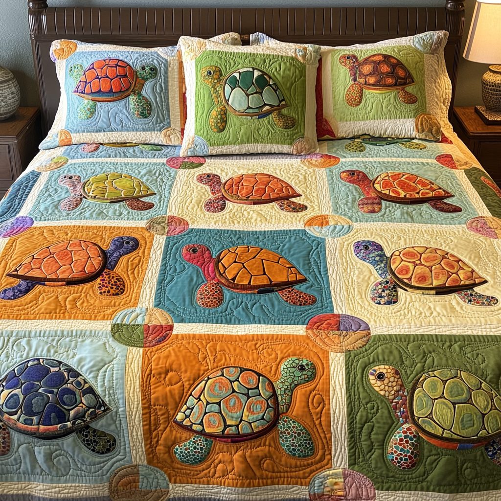 Turtle Whimsy quilted 3-piece bedding set on a made bed in a light coastal bedroom
