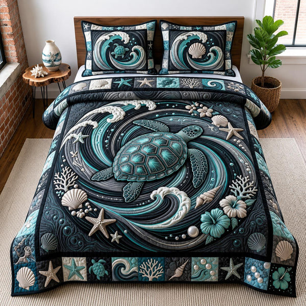 Turtle Wisdom quilted 3-piece bedding set on a made bed in a light coastal bedroom