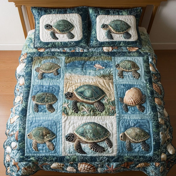 Turtles in Harmony quilted 3-piece bedding set on a made bed in a light coastal bedroom