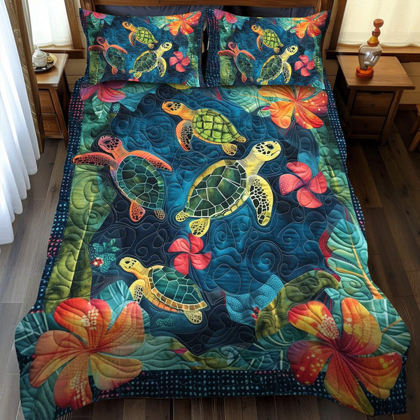 Turtles Journey quilted 3-piece bedding set on a made bed in a light coastal bedroom