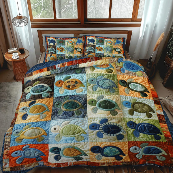 Turtley Cozy quilted 3-piece bedding set on a made bed in a light coastal bedroom