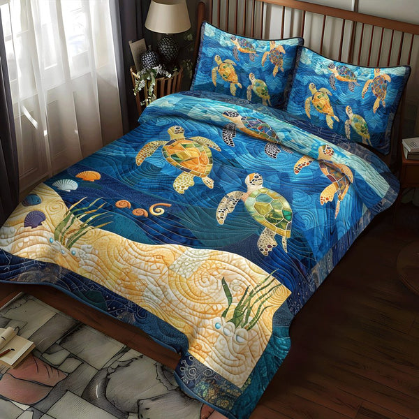 Turtley Mosaic quilted 3-piece bedding set on a made bed in a light coastal bedroom