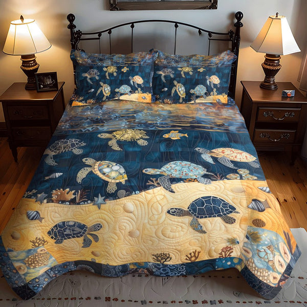 Turtley Night quilted 3-piece bedding set on a made bed in a light coastal bedroom