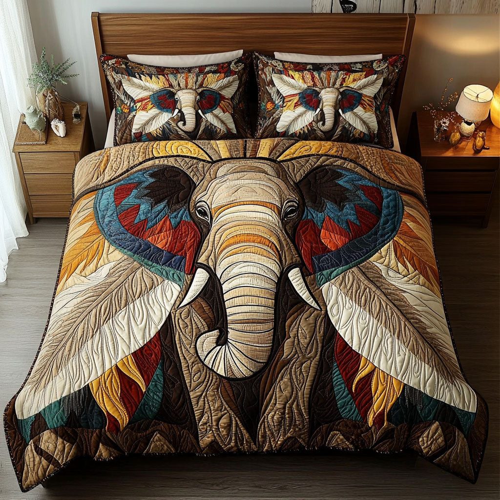 Tusk of the Wind quilted 3-piece bedding set on a made bed with two matching pillow shams