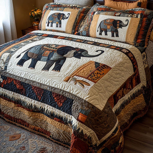 Tusked Warrior quilted 3-piece bedding set on a made bed with two matching pillow shams