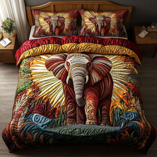 Tusks and Trails quilted 3-piece bedding set on a made bed with two matching pillow shams