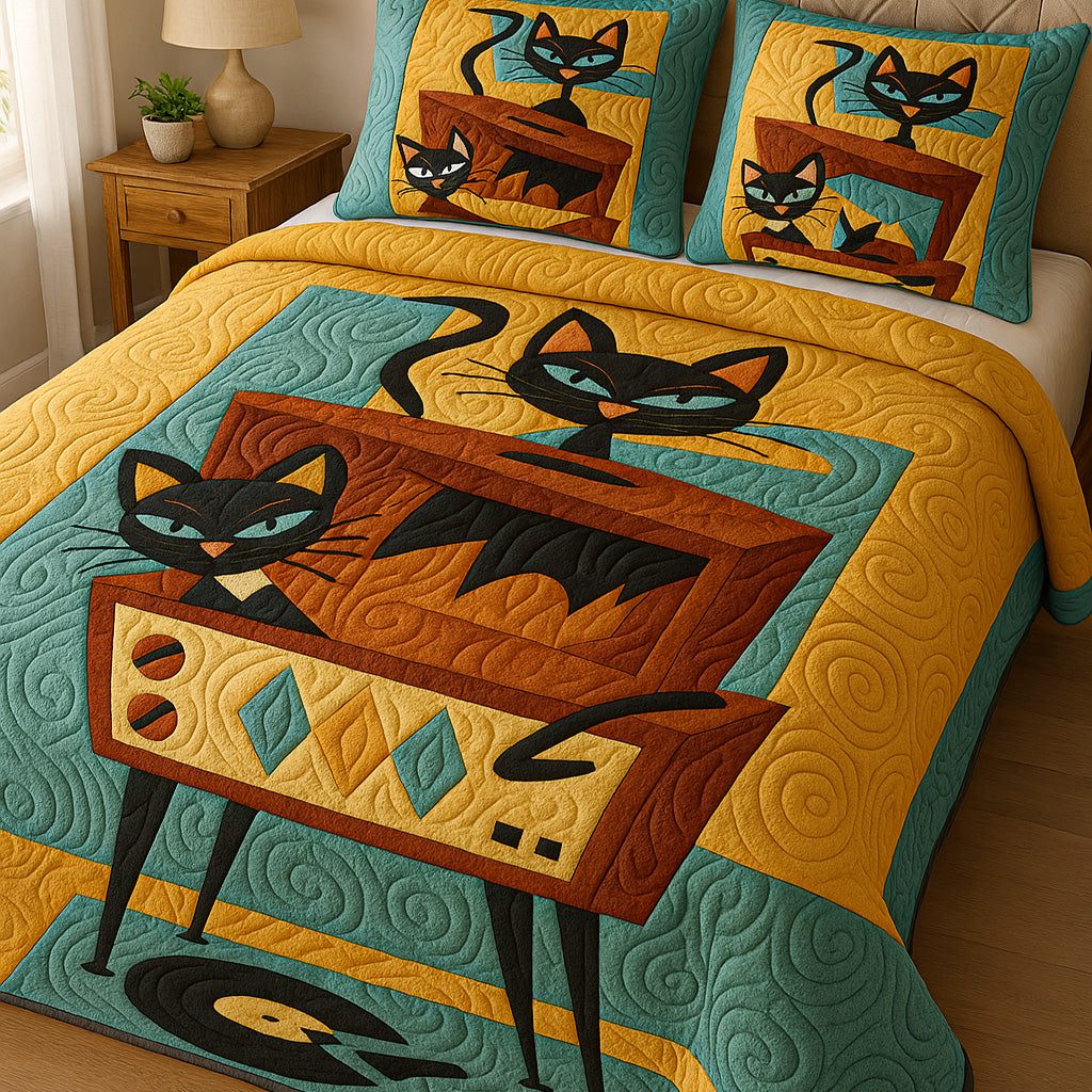 TV Takeover quilted 3-piece bedding set on a made bed with two matching pillow shams