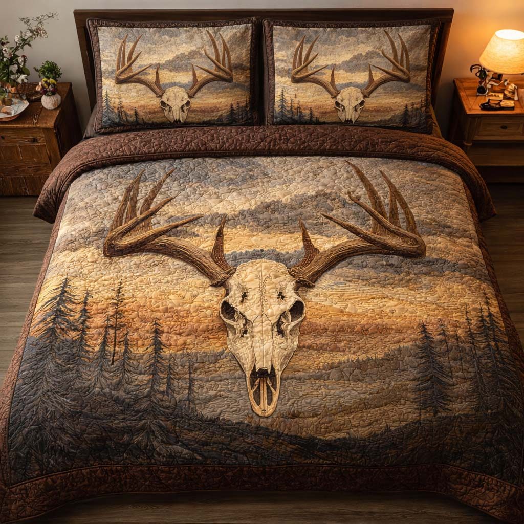 Twilight Antlers quilted 3-piece bedding set on a made bed with two matching pillow shams