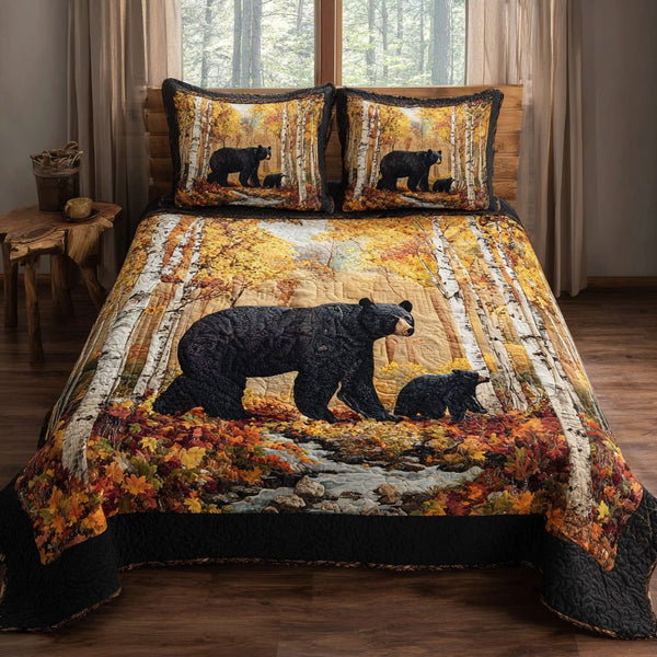 Twilight Black Bear quilted 3-piece bedding set on a made bed with two matching pillow shams