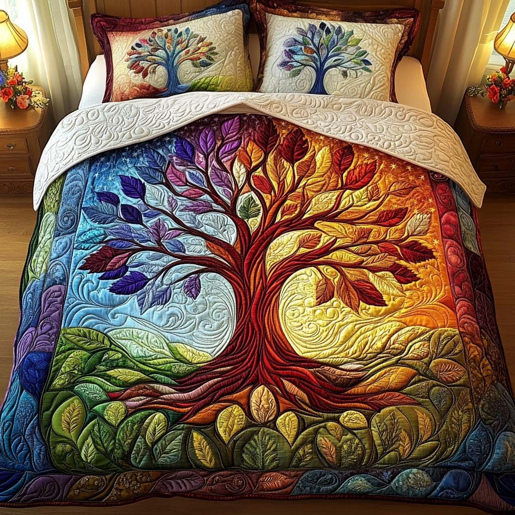 Twilight Bloom quilted 3-piece bedding set on a made bed with two matching pillow shams