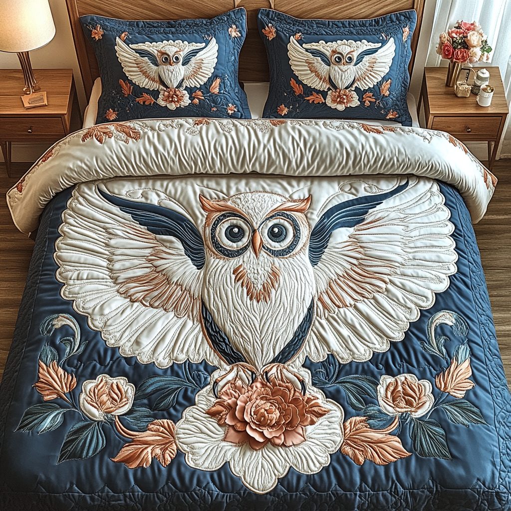 Twilight Bloom quilted 3-piece bedding set on a made bed with two matching pillow shams