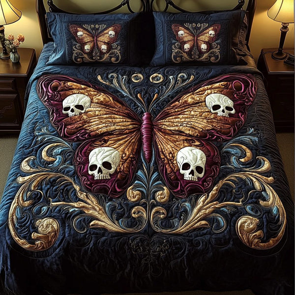 Twilight Bloom quilted 3-piece bedding set on a made bed with two matching pillow shams