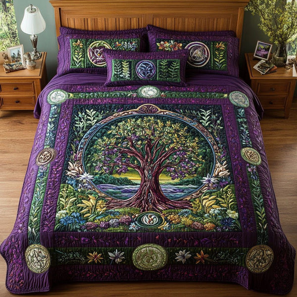 Twilight Branches quilted 3-piece bedding set on a made bed in a rustic timber bedroom