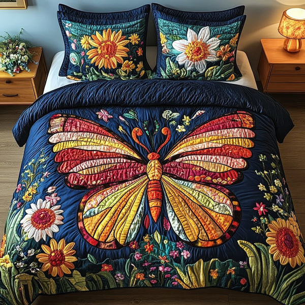 Twilight Butterfly Bliss quilted 3-piece bedding set on a made bed with two matching pillow shams