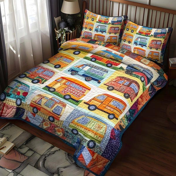 Twilight Camp quilted 3-piece bedding set on a made bed with two matching pillow shams