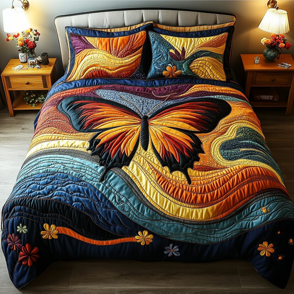 Twilight Dancer quilted 3-piece bedding set on a made bed with two matching pillow shams