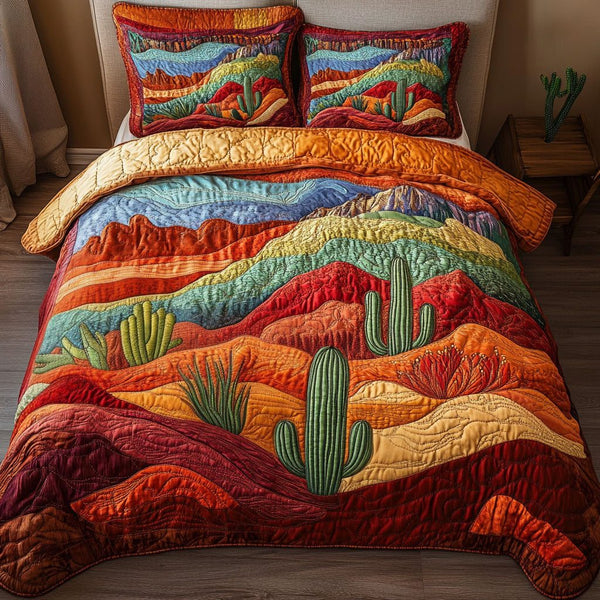 Twilight Desert quilted 3-piece bedding set on a made bed with two matching pillow shams