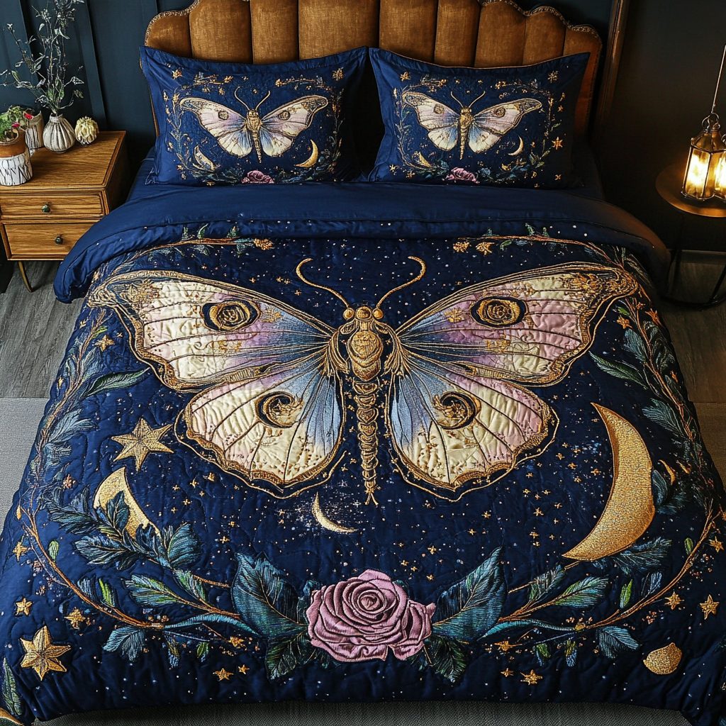Twilight Float quilted 3-piece bedding set on a made bed with two matching pillow shams