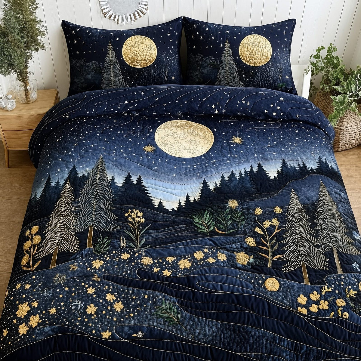 Twilight Forest Meadow quilted 3-piece bedding set on a made bed with two matching pillow shams