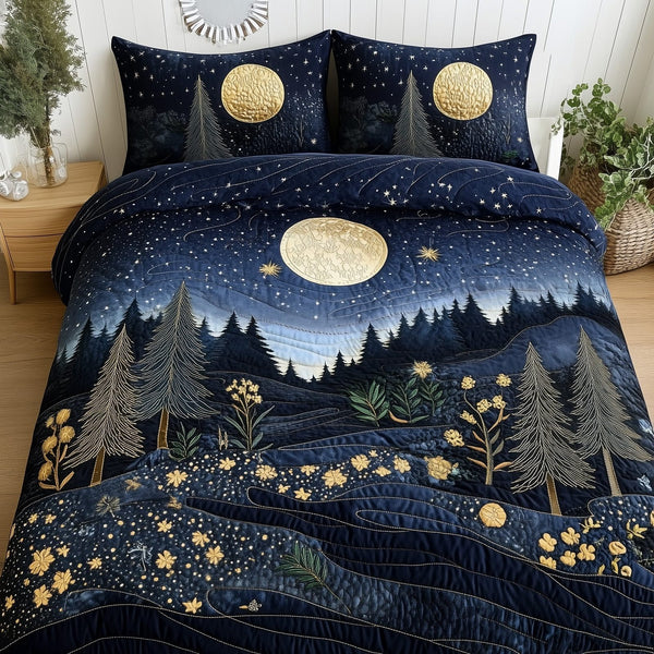 Twilight Forest Meadow quilted 3-piece bedding set on a made bed with two matching pillow shams