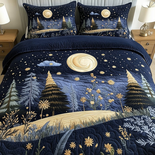 Twilight Forest Meadow quilted 3-piece bedding set on a made bed with two matching pillow shams