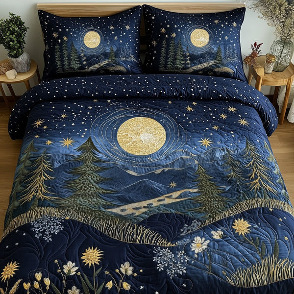 Twilight Forest Meadow quilted 3-piece bedding set on a made bed with two matching pillow shams