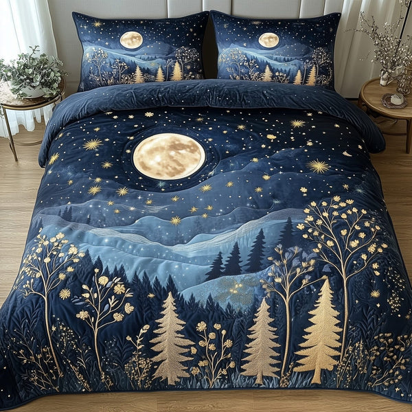Twilight Forest Meadow quilted 3-piece bedding set on a made bed with two matching pillow shams