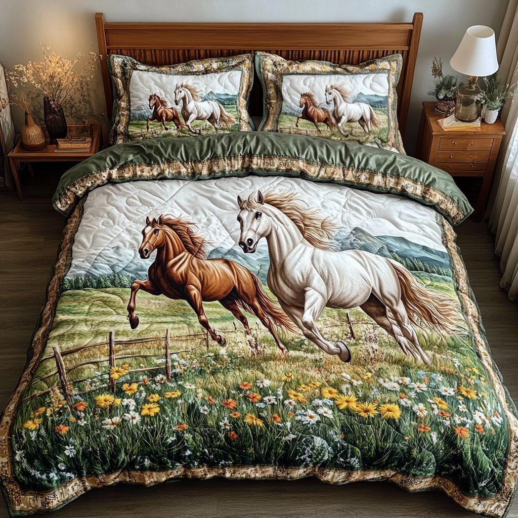 Twilight Gallop quilted 3-piece bedding set on a made bed with two matching pillow shams