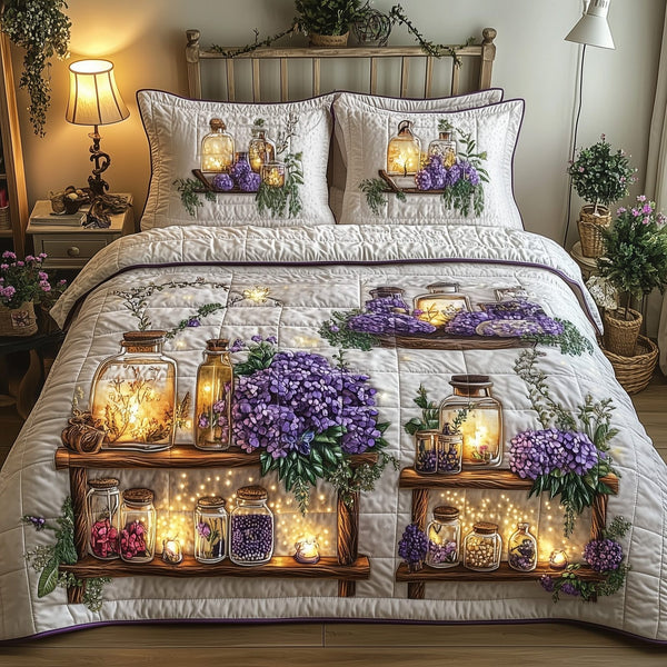 Twilight Garden quilted 3-piece bedding set on a made bed with two matching pillow shams