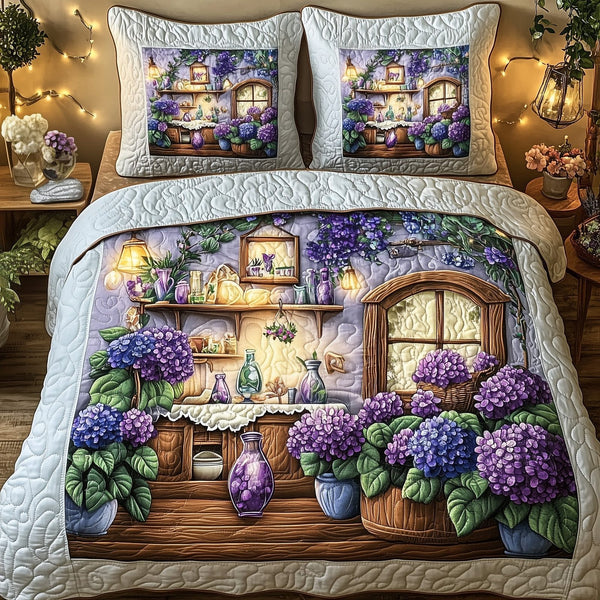 Twilight Garden quilted 3-piece bedding set on a made bed with two matching pillow shams