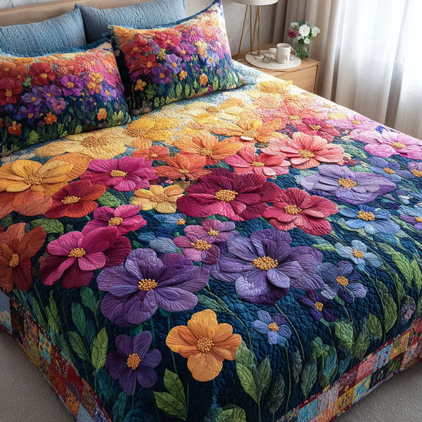 Twilight Garden quilted 3-piece bedding set on a made bed with two matching pillow shams