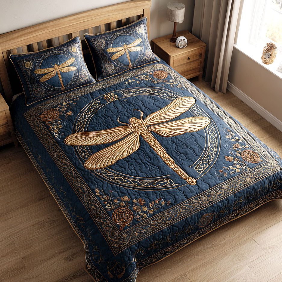 Twilight Grace quilted 3-piece bedding set on a made bed with two matching pillow shams