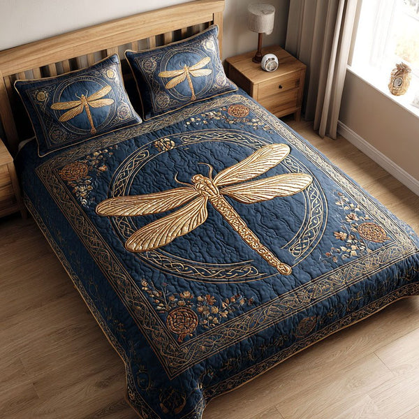 Twilight Grace quilted 3-piece bedding set on a made bed with two matching pillow shams